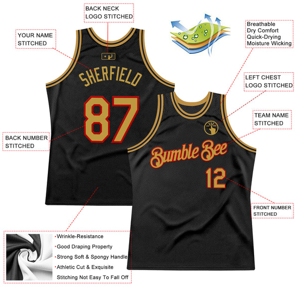 Custom Black Old Gold-Red Authentic Throwback Basketball Jersey