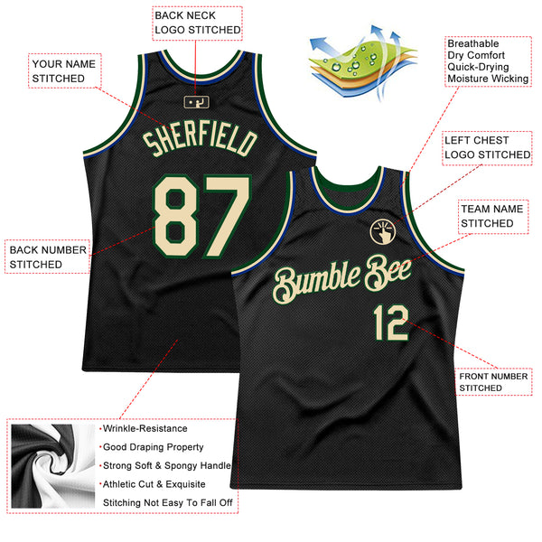 Custom Black Cream Green-Royal Authentic Throwback Basketball Jersey