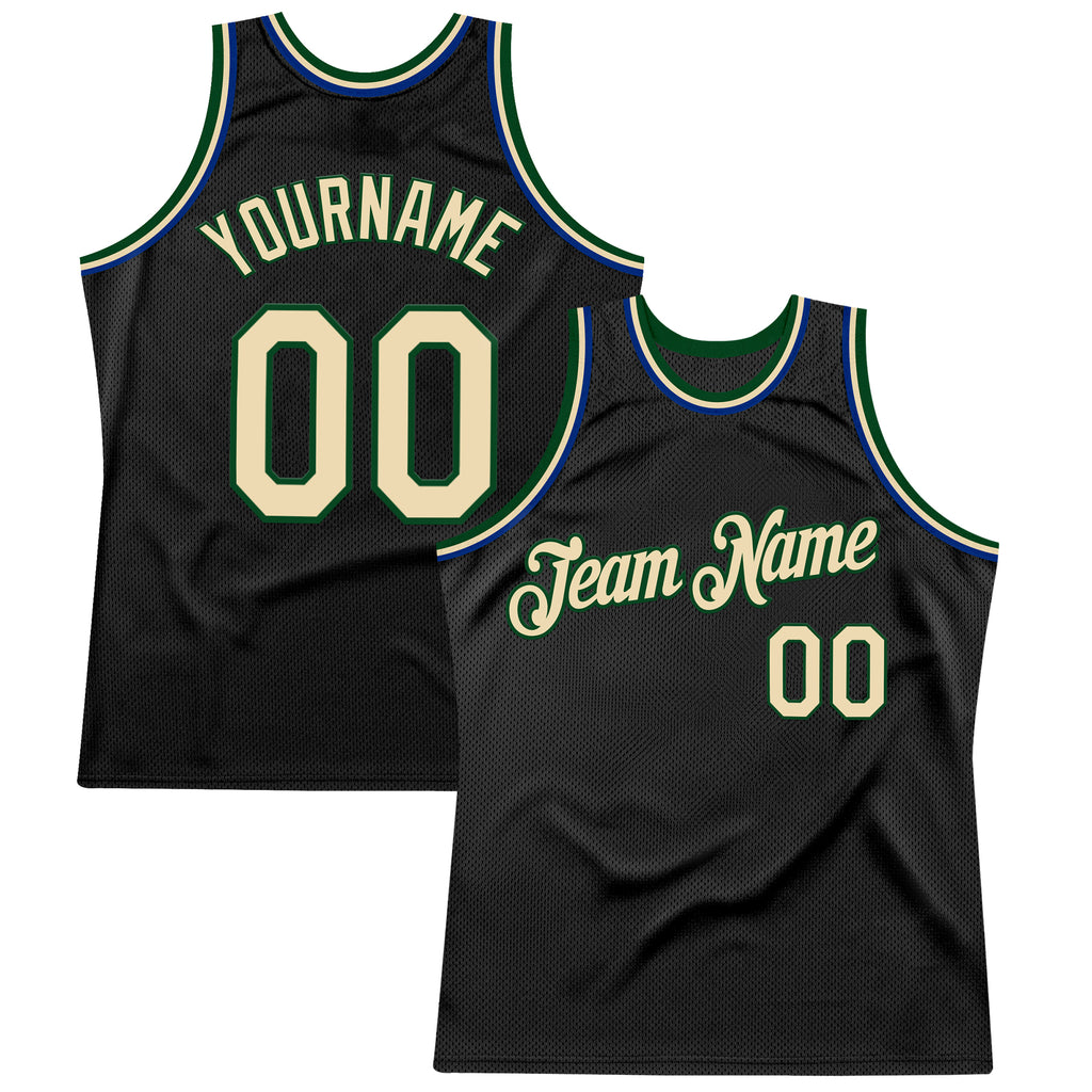 Custom Black Cream Green-Royal Authentic Throwback Basketball Jersey