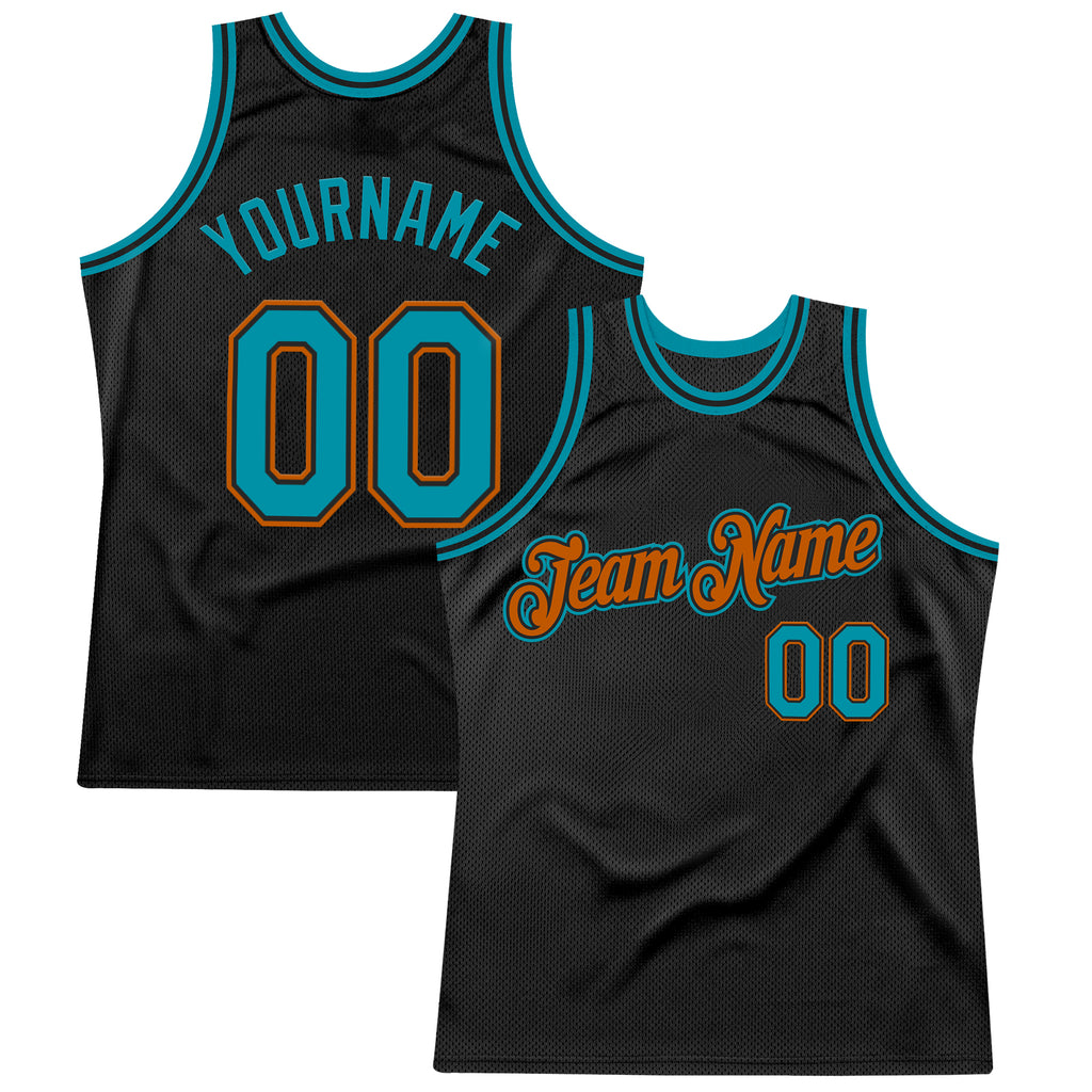 Custom Black Teal-Texas Orange Authentic Throwback Basketball Jersey