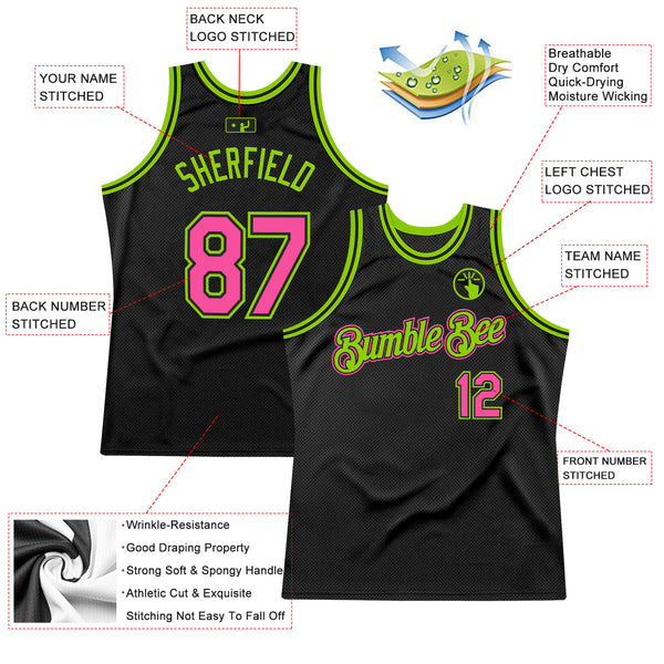 Custom Black Pink-Neon Green Authentic Throwback Basketball Jersey