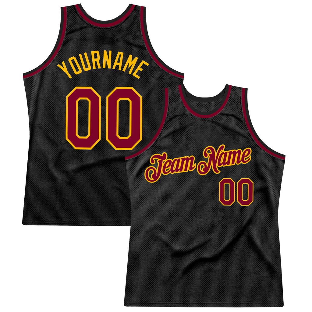 Custom Black Maroon-Gold Authentic Throwback Basketball Jersey