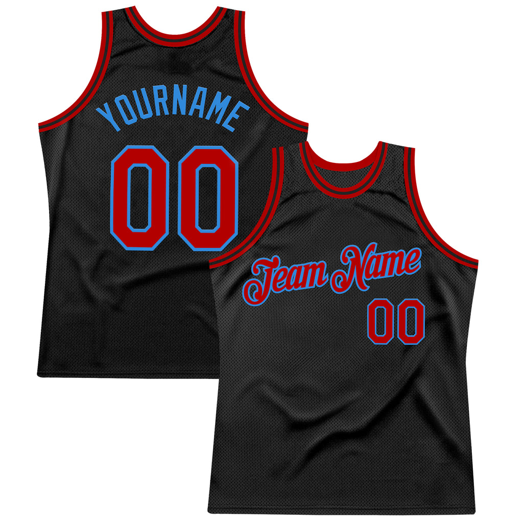 Custom Black Red-Powder Blue Authentic Throwback Basketball Jersey