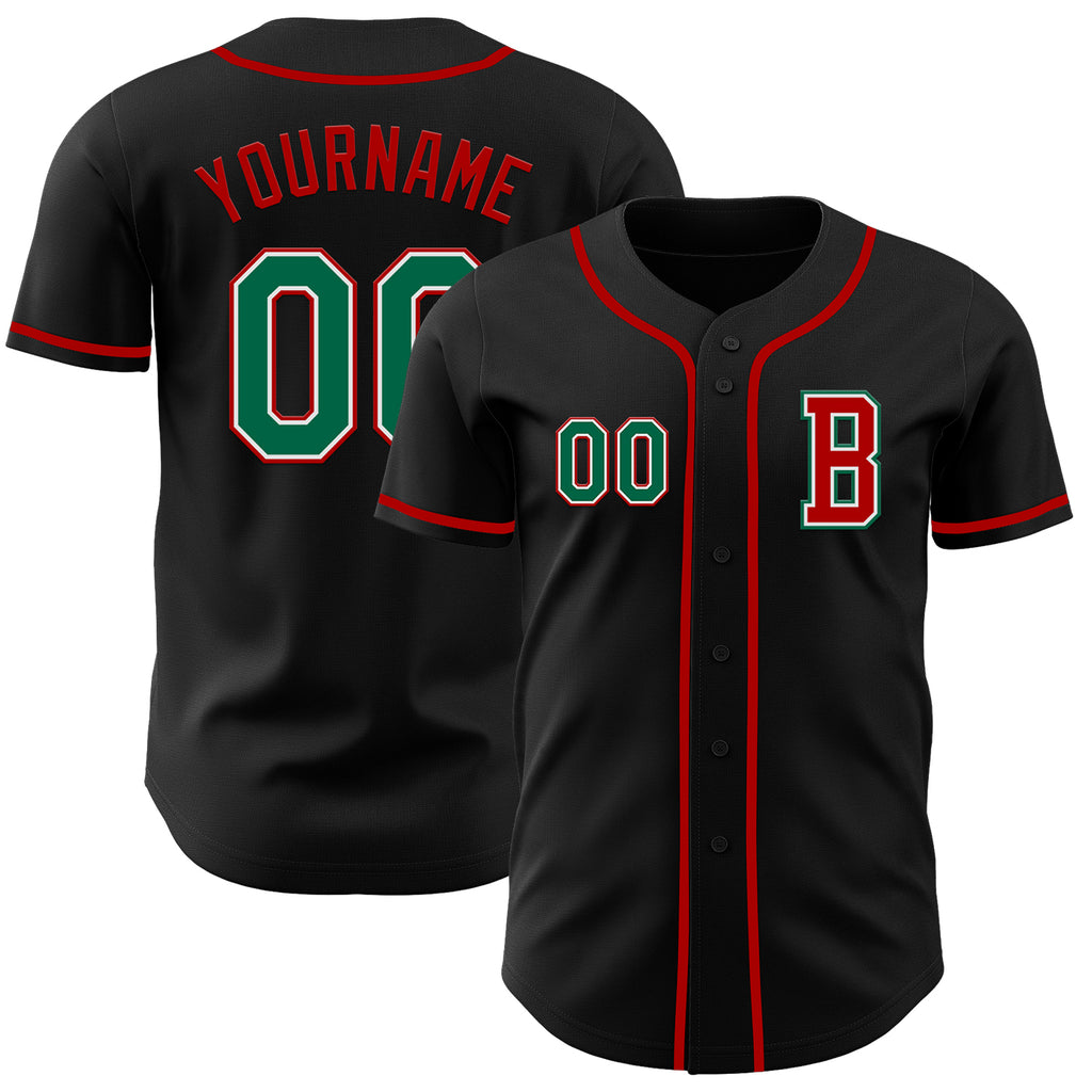 Custom Black Kelly Green-Red Authentic Baseball Jersey