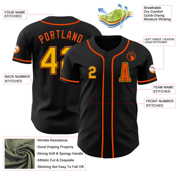 Custom Black Gold-Orange Authentic Baseball Jersey