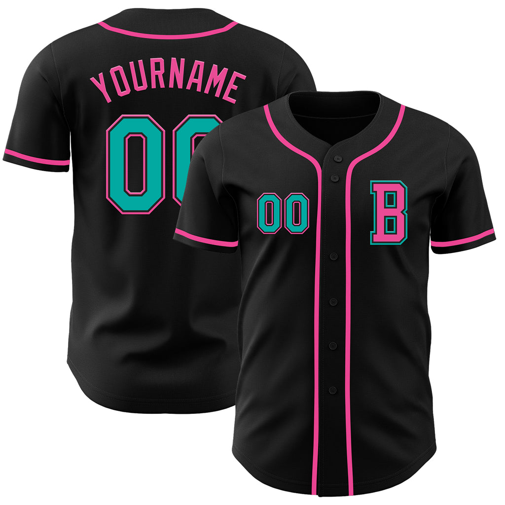 Custom Black Aqua-Pink Authentic Baseball Jersey