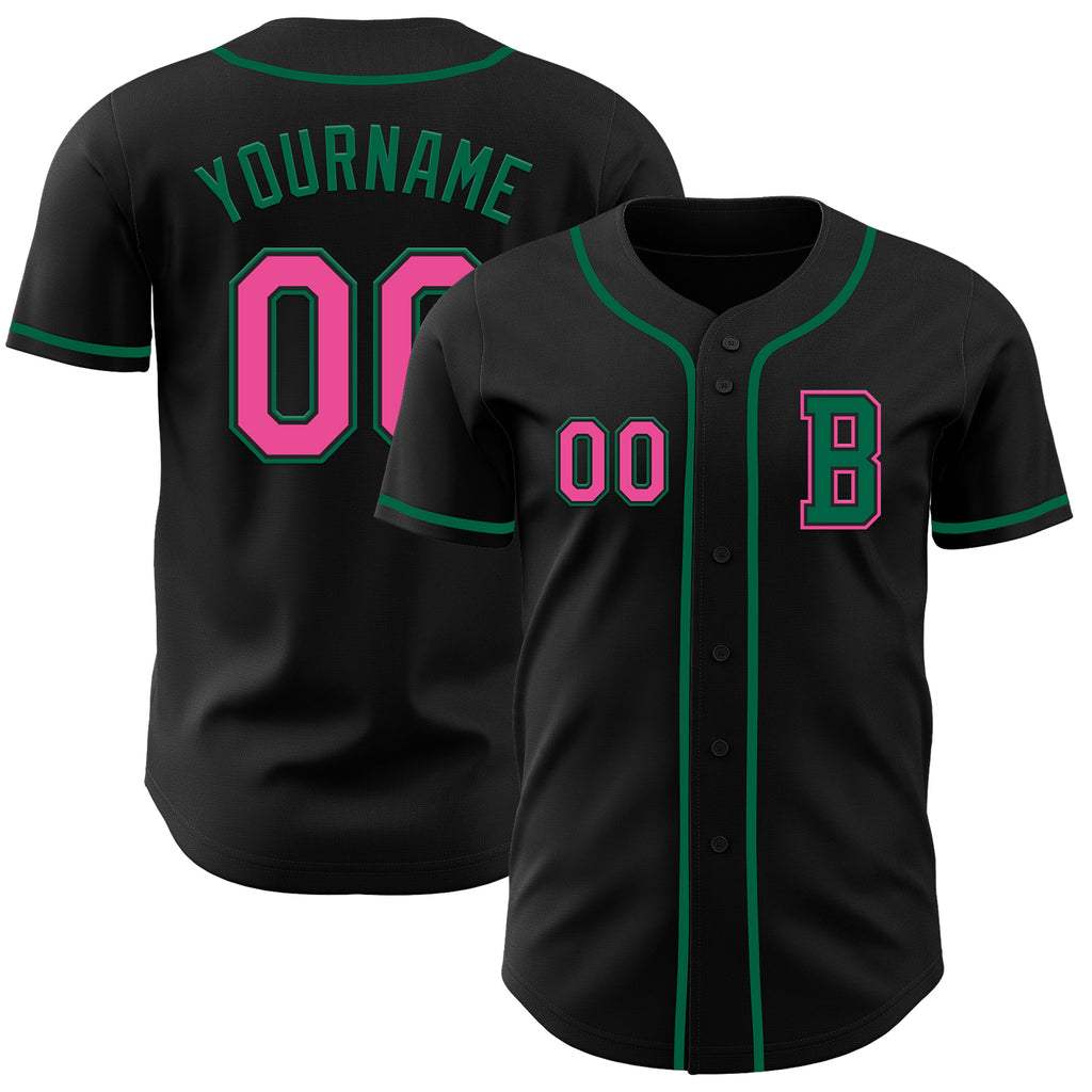 Custom Black Pink-Kelly Green Authentic Baseball Jersey