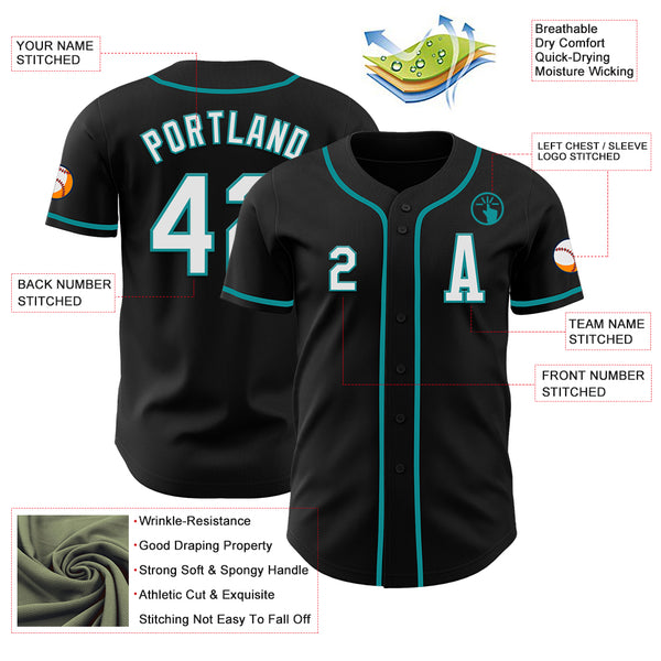 Custom Black White-Teal Authentic Baseball Jersey