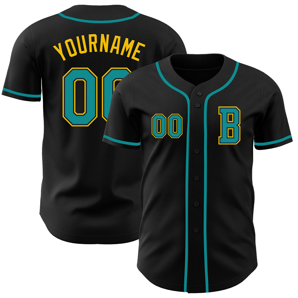 Custom Black Teal-Yellow Authentic Baseball Jersey