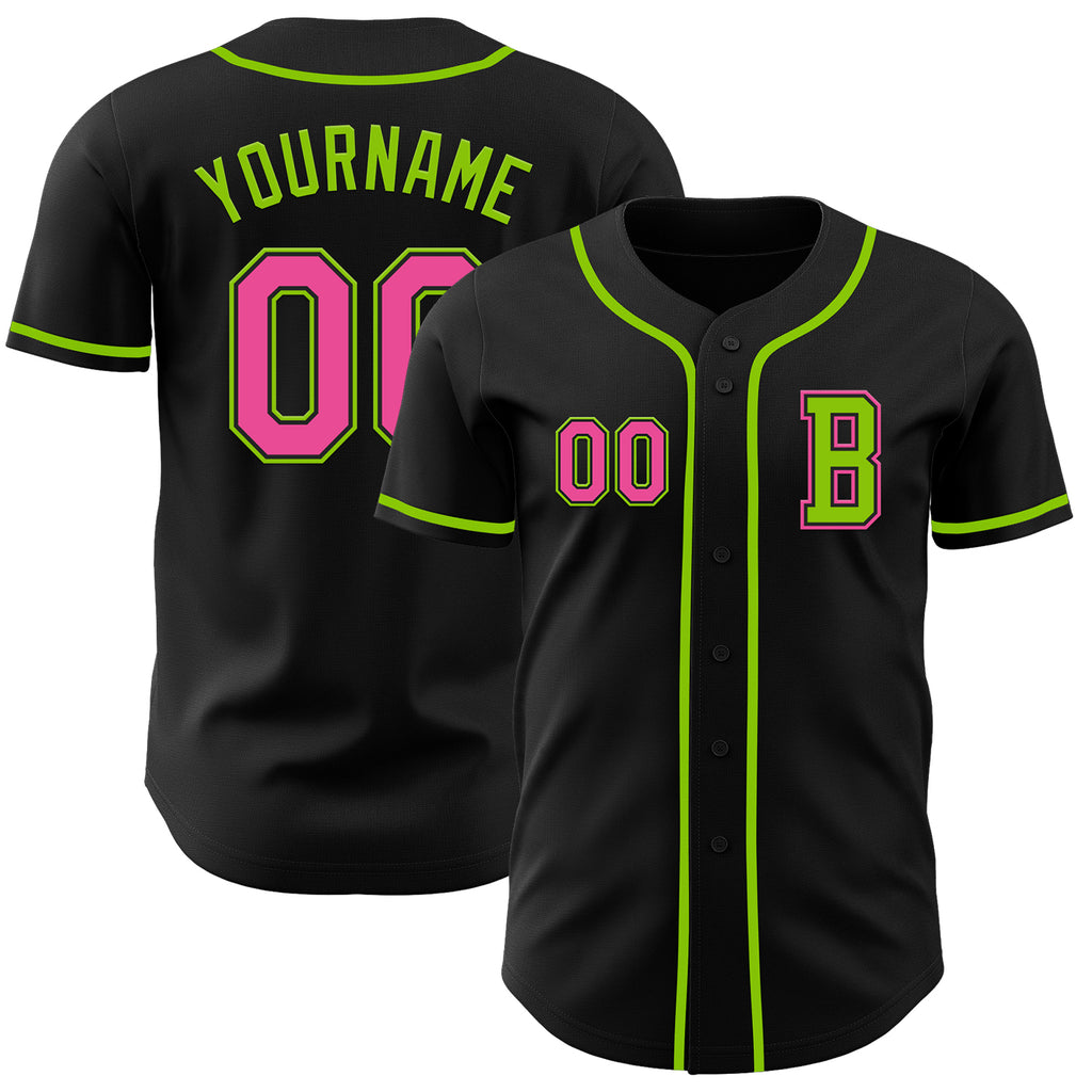 Custom Black Pink-Neon Green Authentic Baseball Jersey