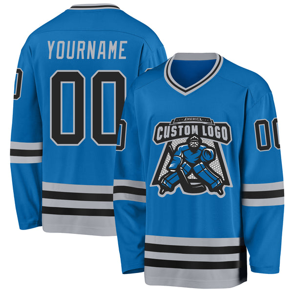 Custom Blue Black-Gray Hockey Jersey