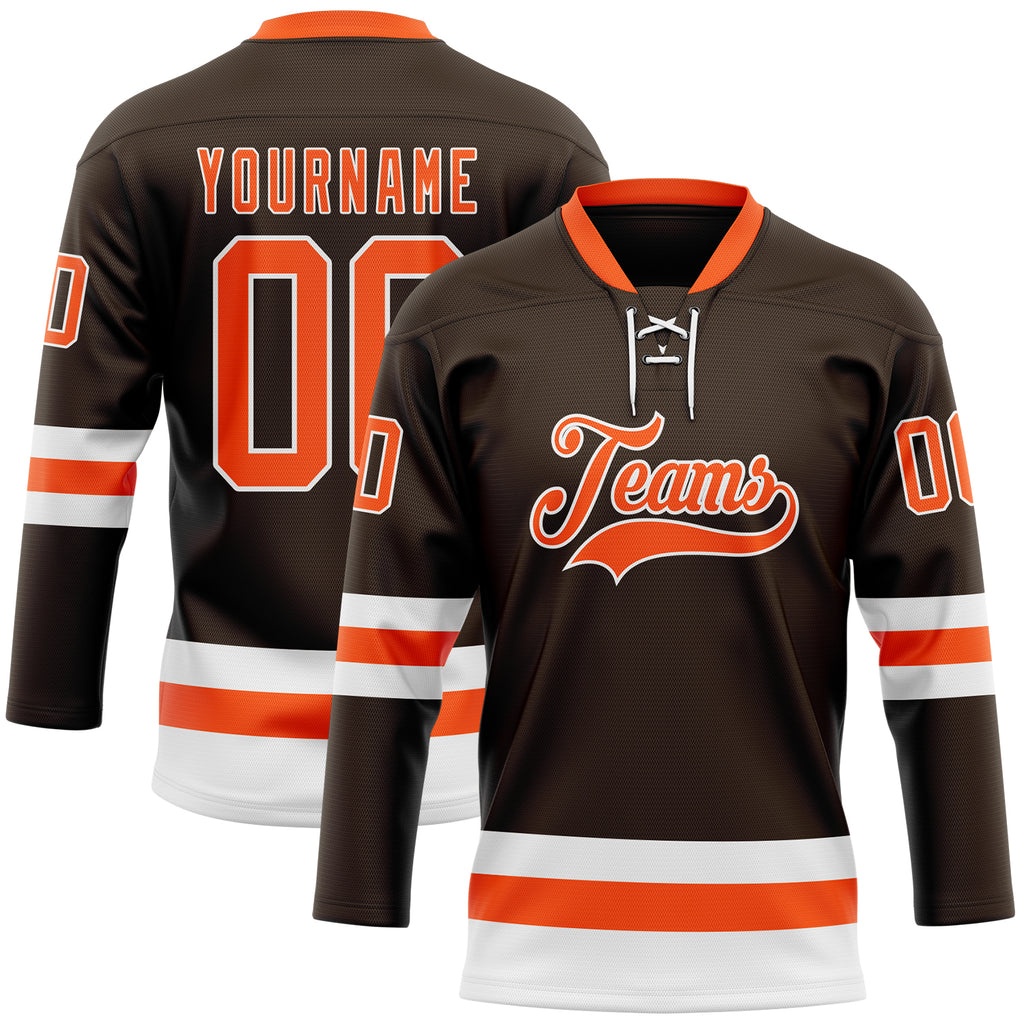 Custom Brown Orange-White Hockey Lace Neck Jersey