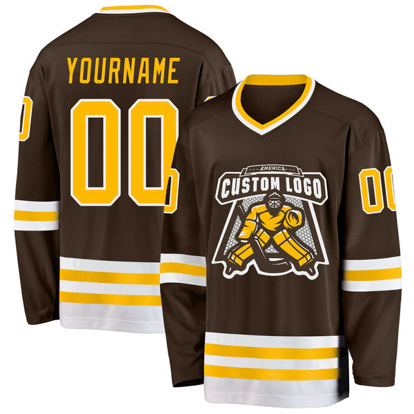 Custom Brown Gold-White Hockey Jersey