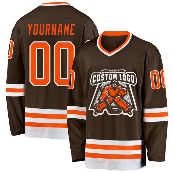 Custom Brown Orange-White Hockey Jersey