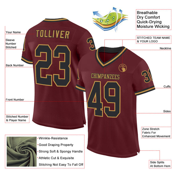 Custom Burgundy Black-Old Gold Mesh Authentic Throwback Football Jersey