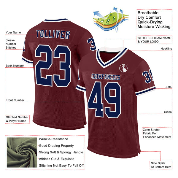 Custom Burgundy Navy-White Mesh Authentic Throwback Football Jersey