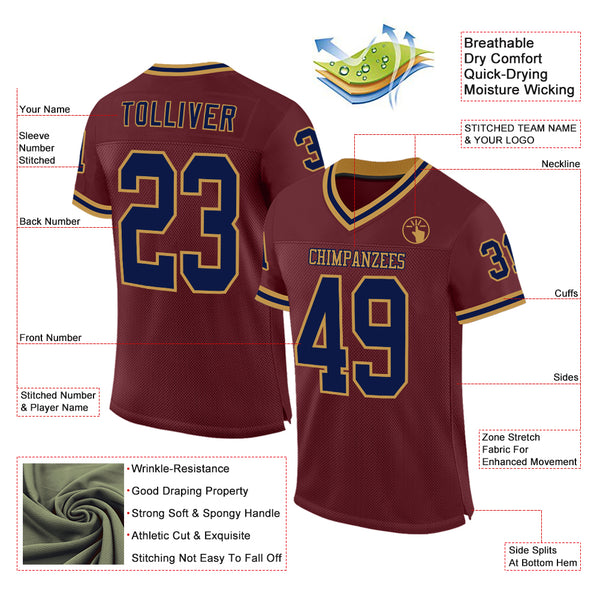 Custom Burgundy Navy-Old Gold Mesh Authentic Throwback Football Jersey