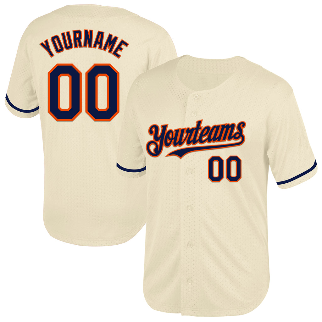 Custom Cream Navy-Orange Mesh Authentic Throwback Baseball Jersey