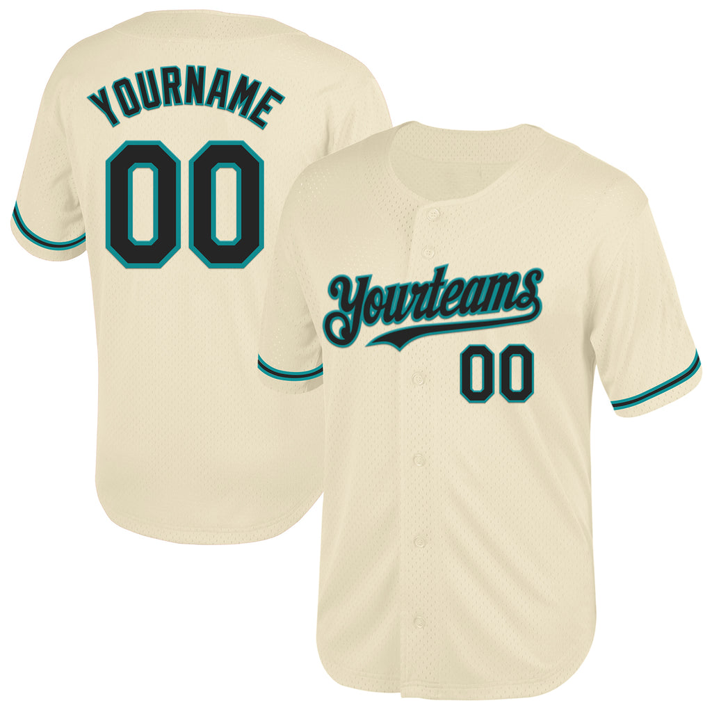 Custom Cream Black-Teal Mesh Authentic Throwback Baseball Jersey