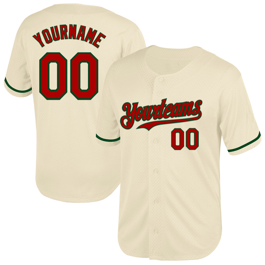 Custom Cream Red-Green Mesh Authentic Throwback Baseball Jersey