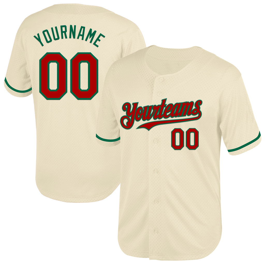 Custom Cream Red-Kelly Green Mesh Authentic Throwback Baseball Jersey