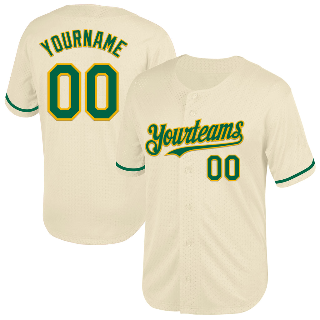 Custom Cream Kelly Green-Gold Mesh Authentic Throwback Baseball Jersey