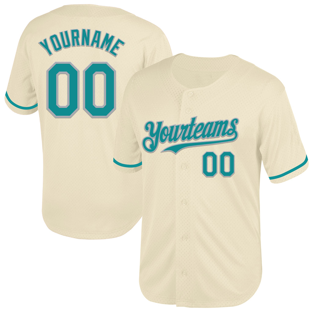 Custom Cream Teal-Gray Mesh Authentic Throwback Baseball Jersey