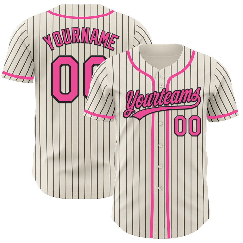 Custom Cream Black Pinstripe Pink Authentic Baseball Jersey