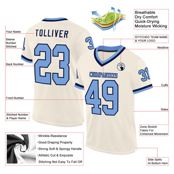 Custom Cream Light Blue-Navy Mesh Authentic Throwback Football Jersey