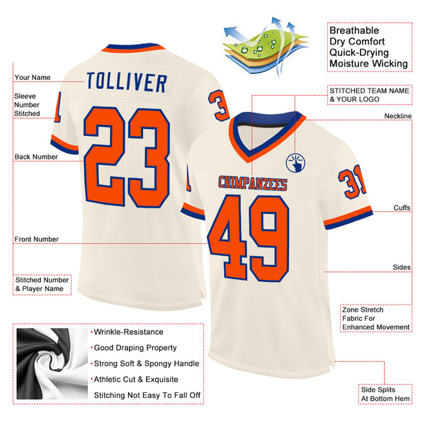 Custom Cream Orange-Royal Mesh Authentic Throwback Football Jersey