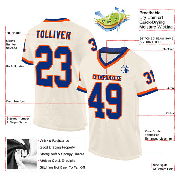 Custom Cream Royal-Orange Mesh Authentic Throwback Football Jersey