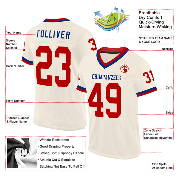 Custom Cream Red-Royal Mesh Authentic Throwback Football Jersey