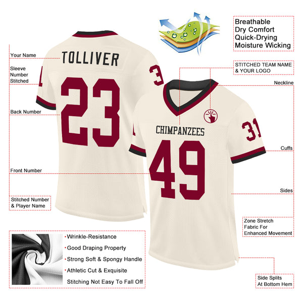 Custom Cream Maroon-Black Mesh Authentic Throwback Football Jersey