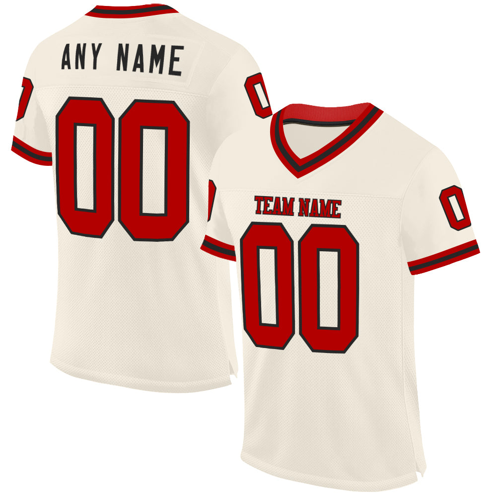 Custom Cream Red-Black Mesh Authentic Throwback Football Jersey