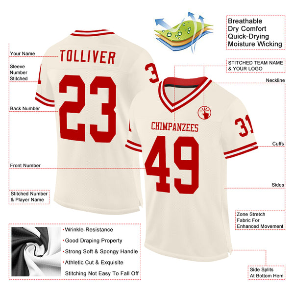 Custom Cream Red-White Mesh Authentic Throwback Football Jersey