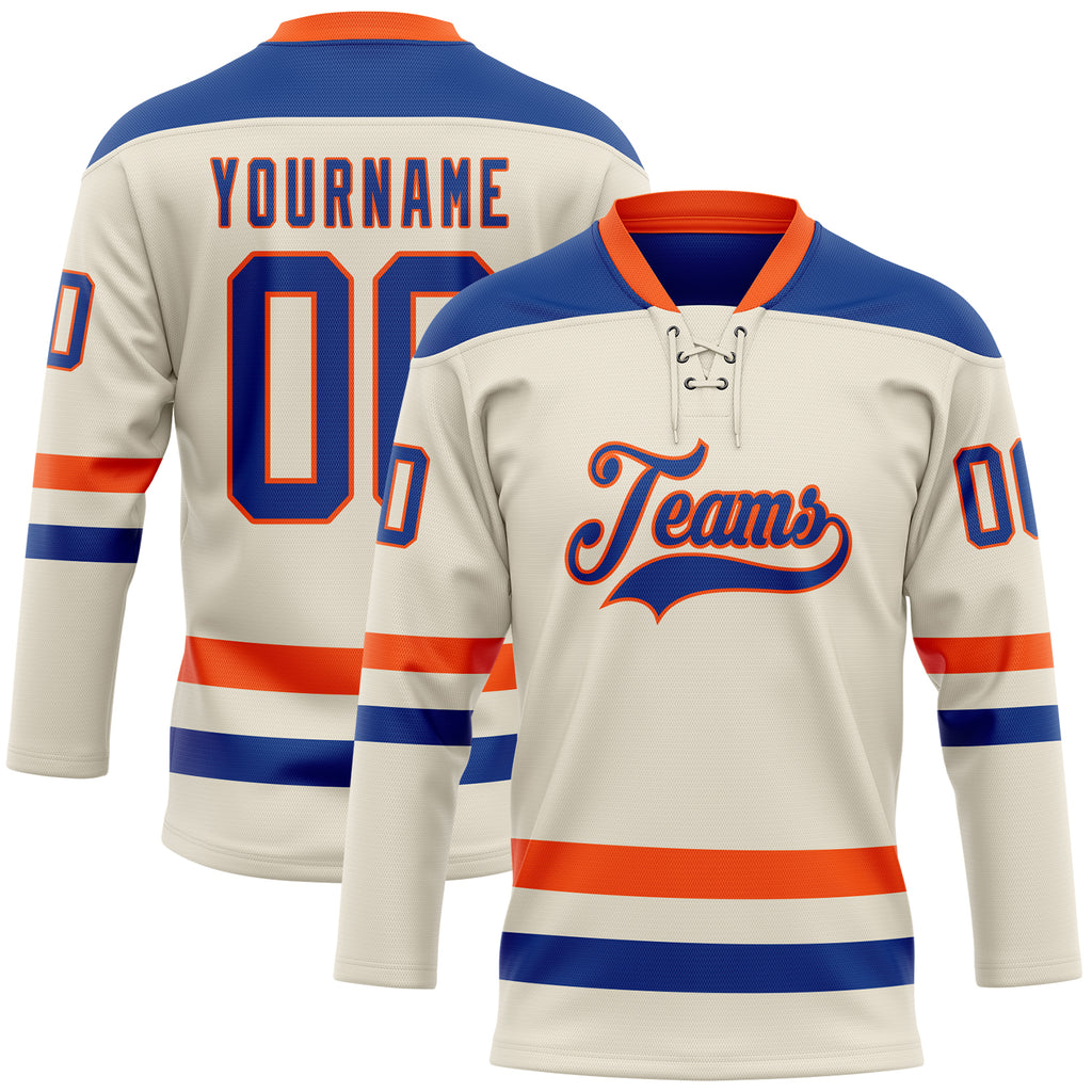 Custom Cream Royal-Orange Hockey Lace Neck Jersey