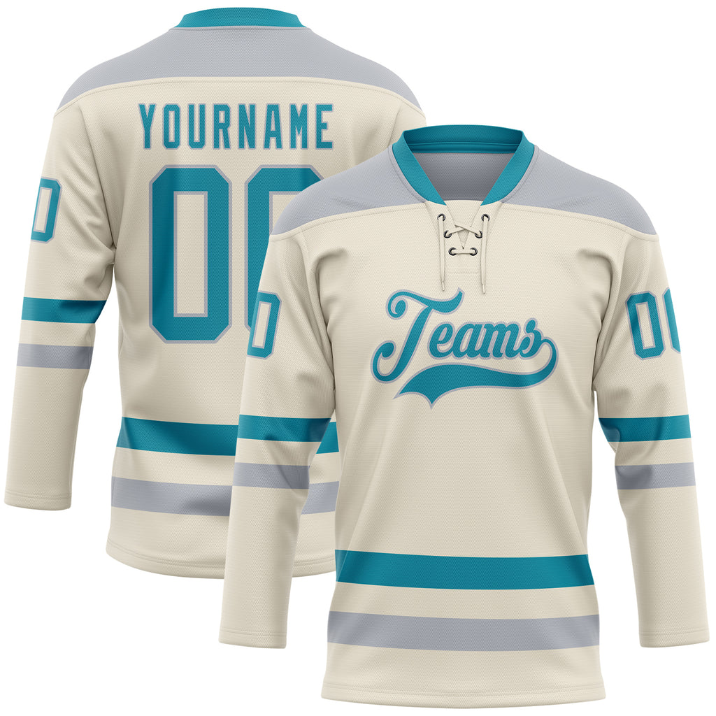 Custom Cream Teal-Gray Hockey Lace Neck Jersey