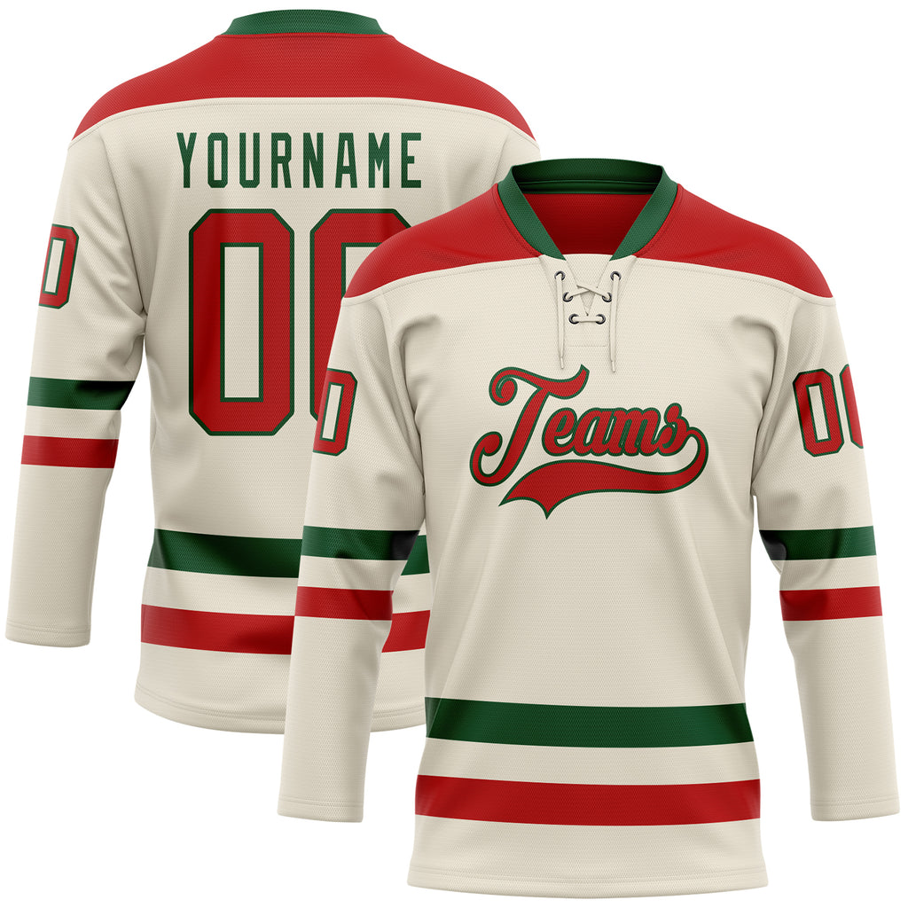 Custom Cream Red-Green Hockey Lace Neck Jersey