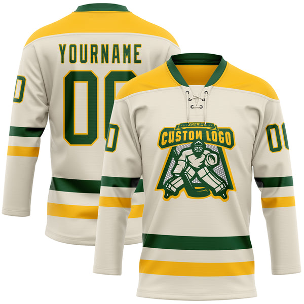 Custom Cream Green-Gold Hockey Lace Neck Jersey