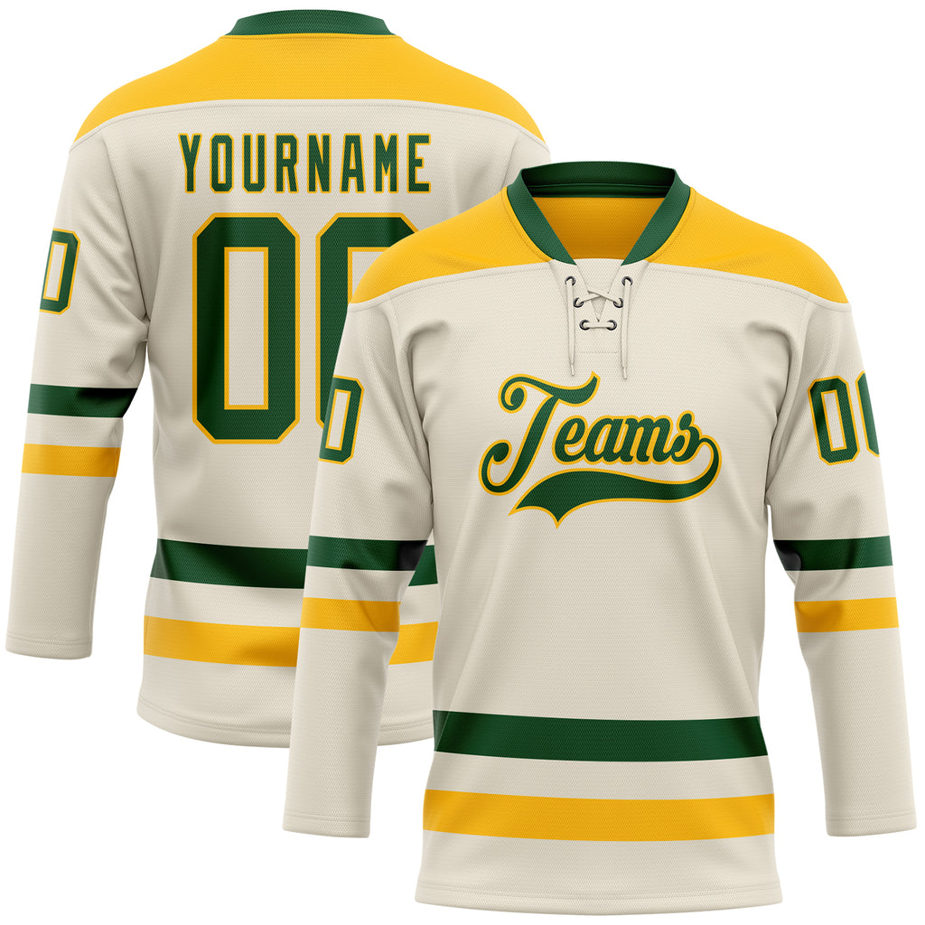 Custom Cream Green-Gold Hockey Lace Neck Jersey