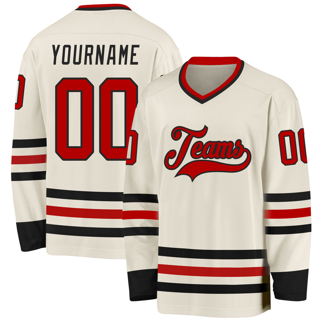 Custom Cream Red-Black Hockey Jersey