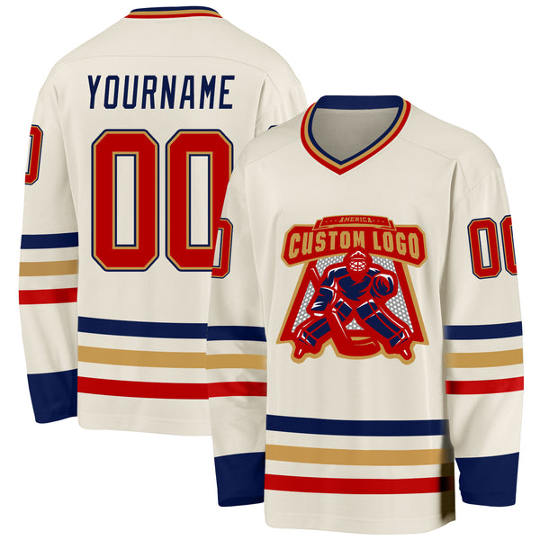 Custom Cream Red Old Gold-Navy Hockey Jersey