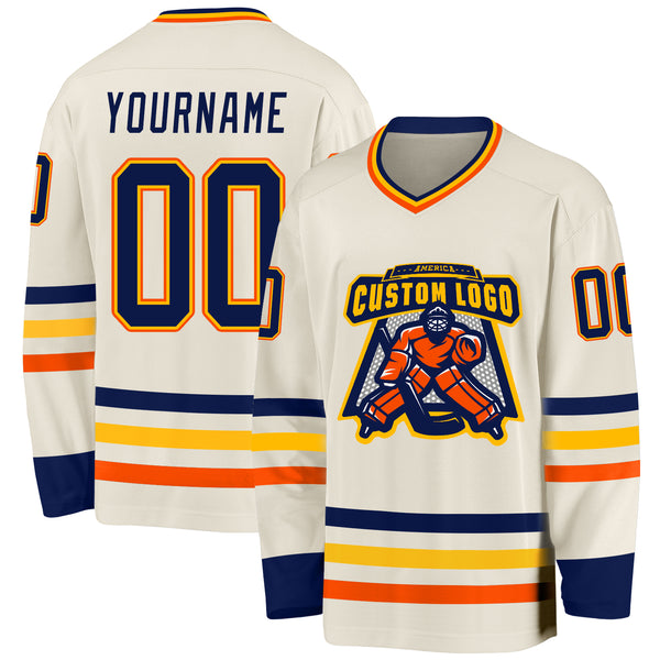 Custom Cream Navy Gold-Orange Hockey Jersey