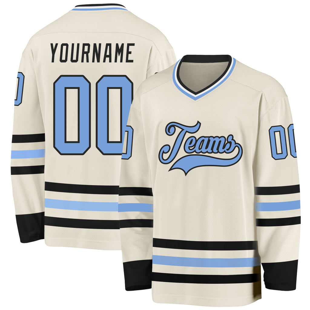 Custom Cream Light Blue Black-White Hockey Jersey