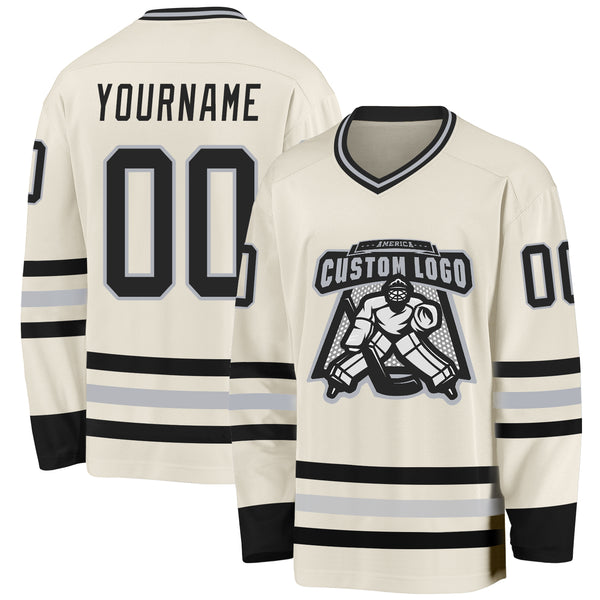 Custom Cream Black-Gray Hockey Jersey