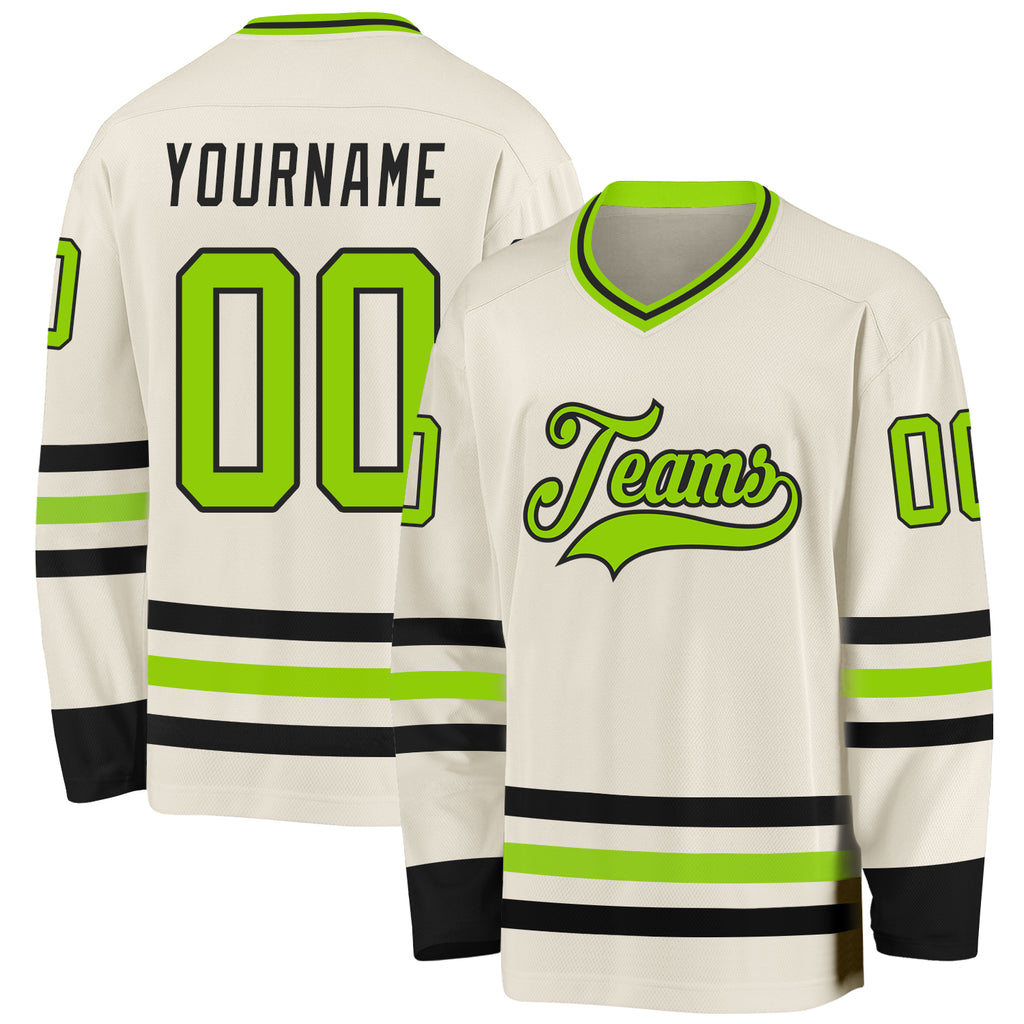 Custom Cream Neon Green-Black Hockey Jersey