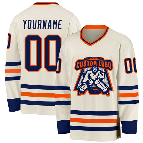 Custom Cream Navy-Orange Hockey Jersey