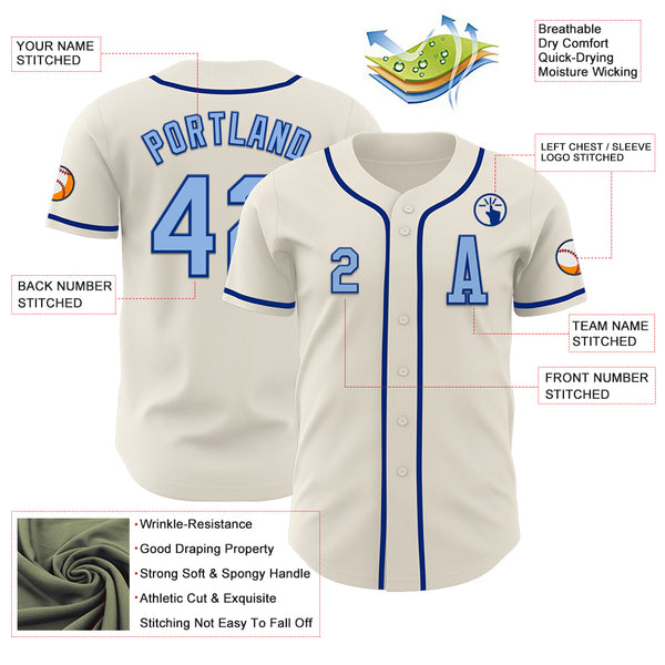 Custom Cream Light Blue-Royal Authentic Baseball Jersey