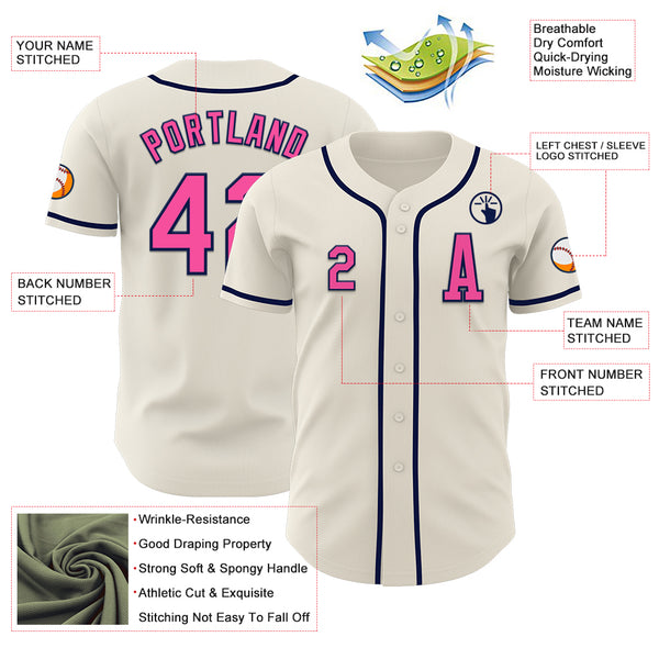 Custom Cream Pink-Navy Authentic Baseball Jersey