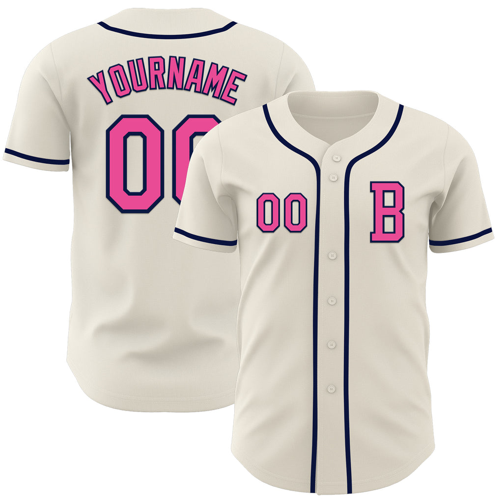 Custom Cream Pink-Navy Authentic Baseball Jersey